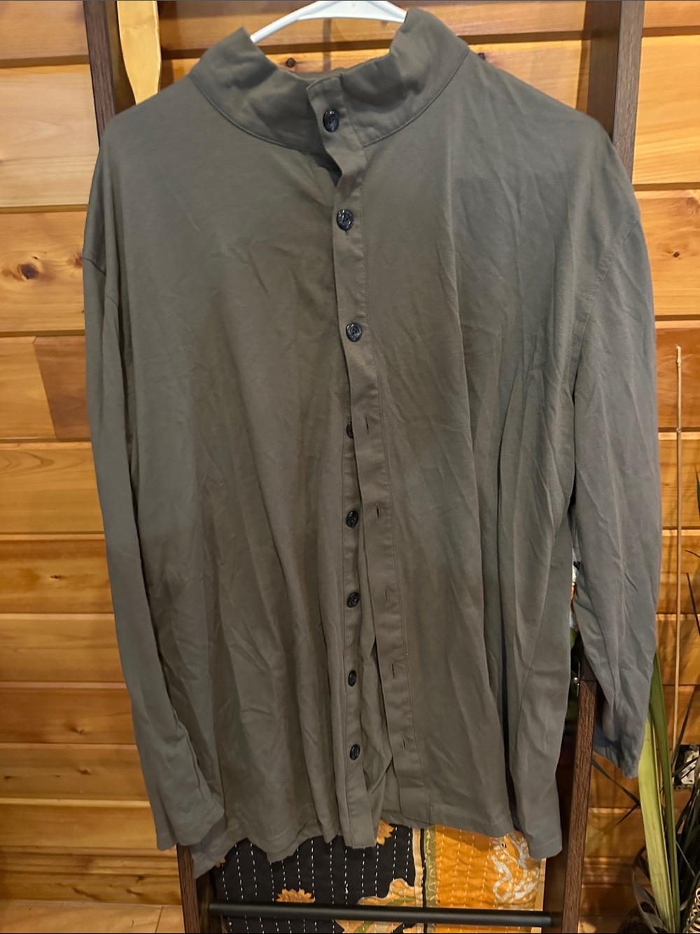 Men's Olive Green Button-Up Mandarin Collar Shirt